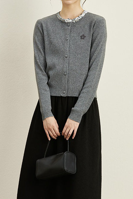 Crew Neck Sequin Knit Cardigan - liwisi