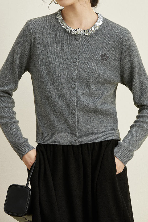 Crew Neck Sequin Knit Cardigan - liwisi