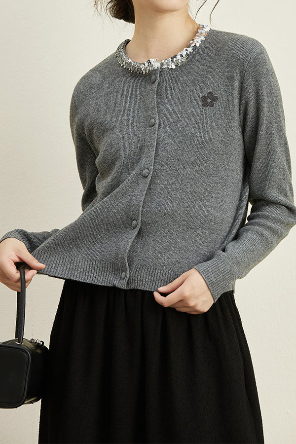 Crew Neck Sequin Knit Cardigan - liwisi