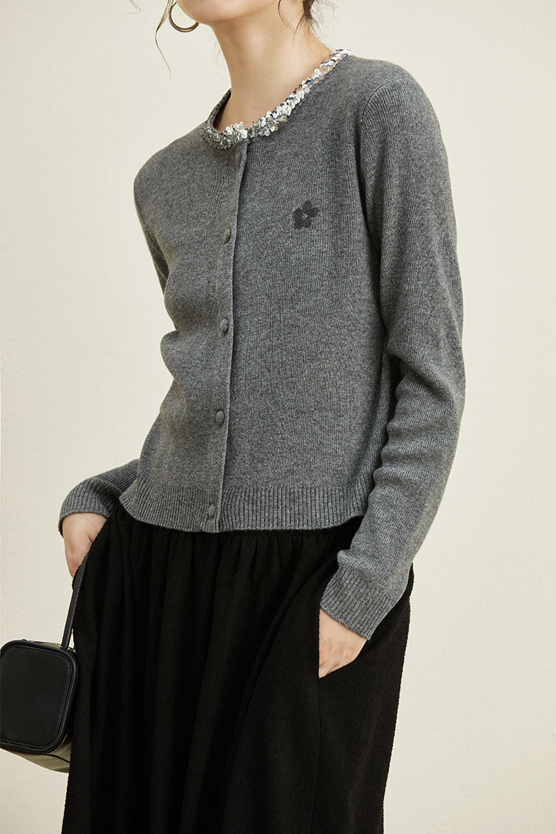 Crew Neck Sequin Knit Cardigan - liwisi