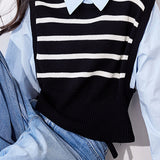 Faux Two-Piece Long-Sleeve Striped Knit Sweater - liwisi