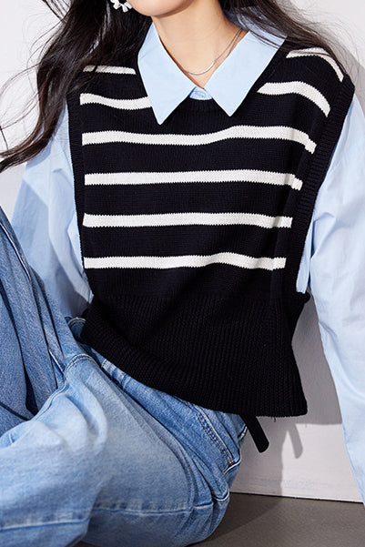 Faux Two-Piece Long-Sleeve Striped Knit Sweater - liwisi