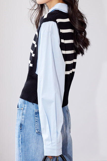 Faux Two-Piece Long-Sleeve Striped Knit Sweater - liwisi