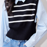 Faux Two-Piece Long-Sleeve Striped Knit Sweater - liwisi