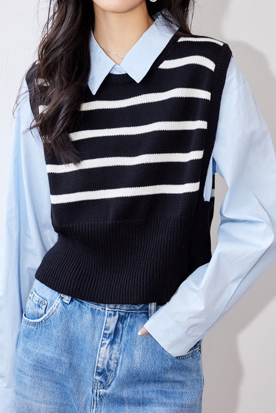 Faux Two-Piece Long-Sleeve Striped Knit Sweater - liwisi