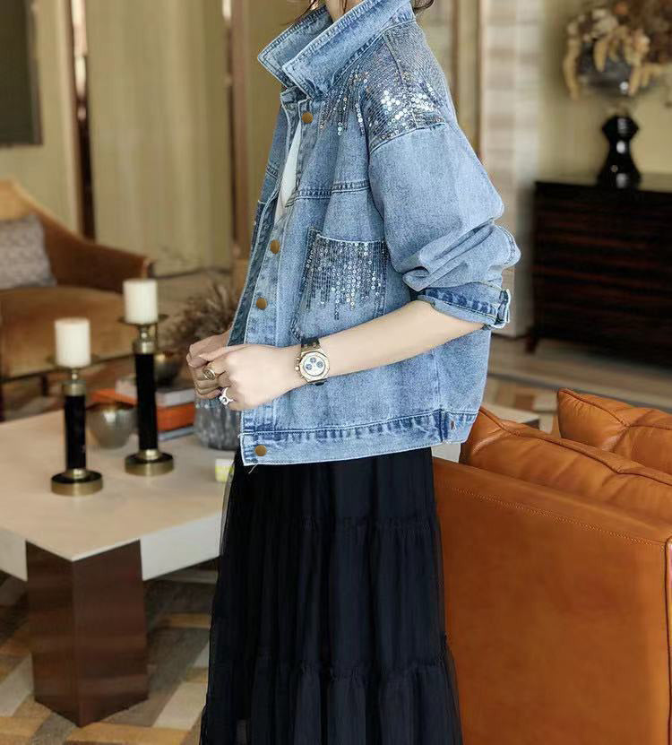Sequin-Spliced Denim Jacket - liwisi