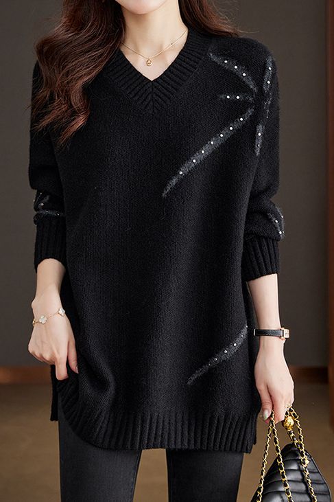 Fashion Beaded V-Neck Sweater - liwisi