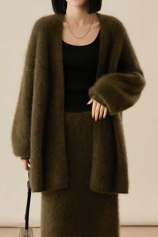 Cashmere-like Knit Cardigan and Knit Skirt Set - liwisi