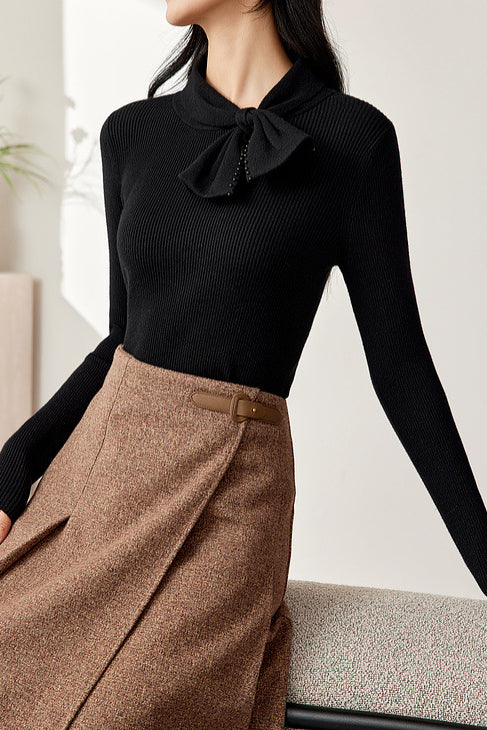 French Slim-Fit Bow Collar Sweater - liwisi
