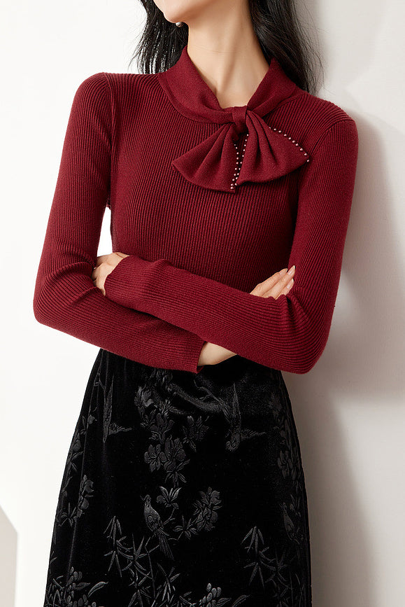 French Slim-Fit Bow Collar Sweater - liwisi