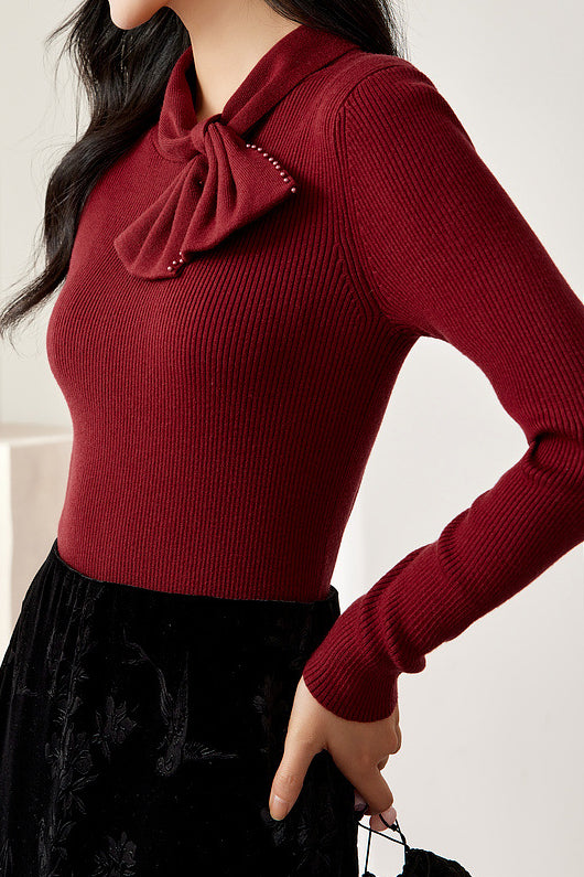 French Slim-Fit Bow Collar Sweater - liwisi