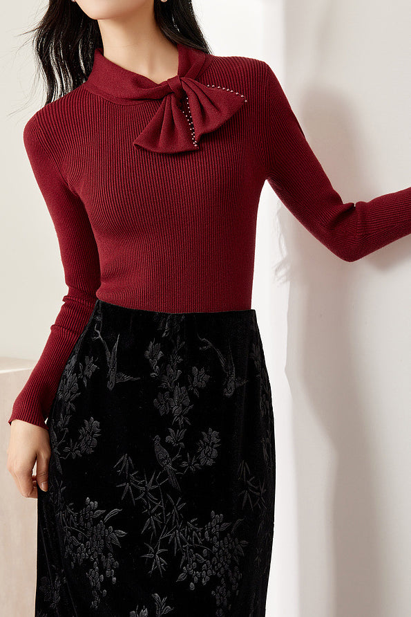 French Slim-Fit Bow Collar Sweater - liwisi
