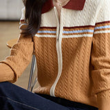 Polo Collar Retro Color-Block Knit Cardigan - liwisi