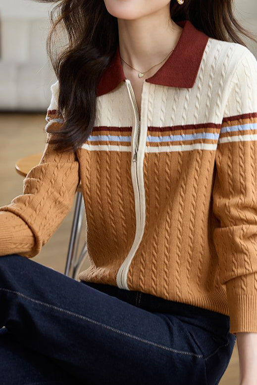 Polo Collar Retro Color-Block Knit Cardigan - liwisi