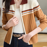 Polo Collar Retro Color-Block Knit Cardigan - liwisi