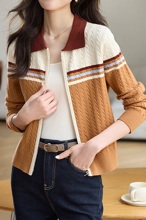 Polo Collar Retro Color-Block Knit Cardigan - liwisi