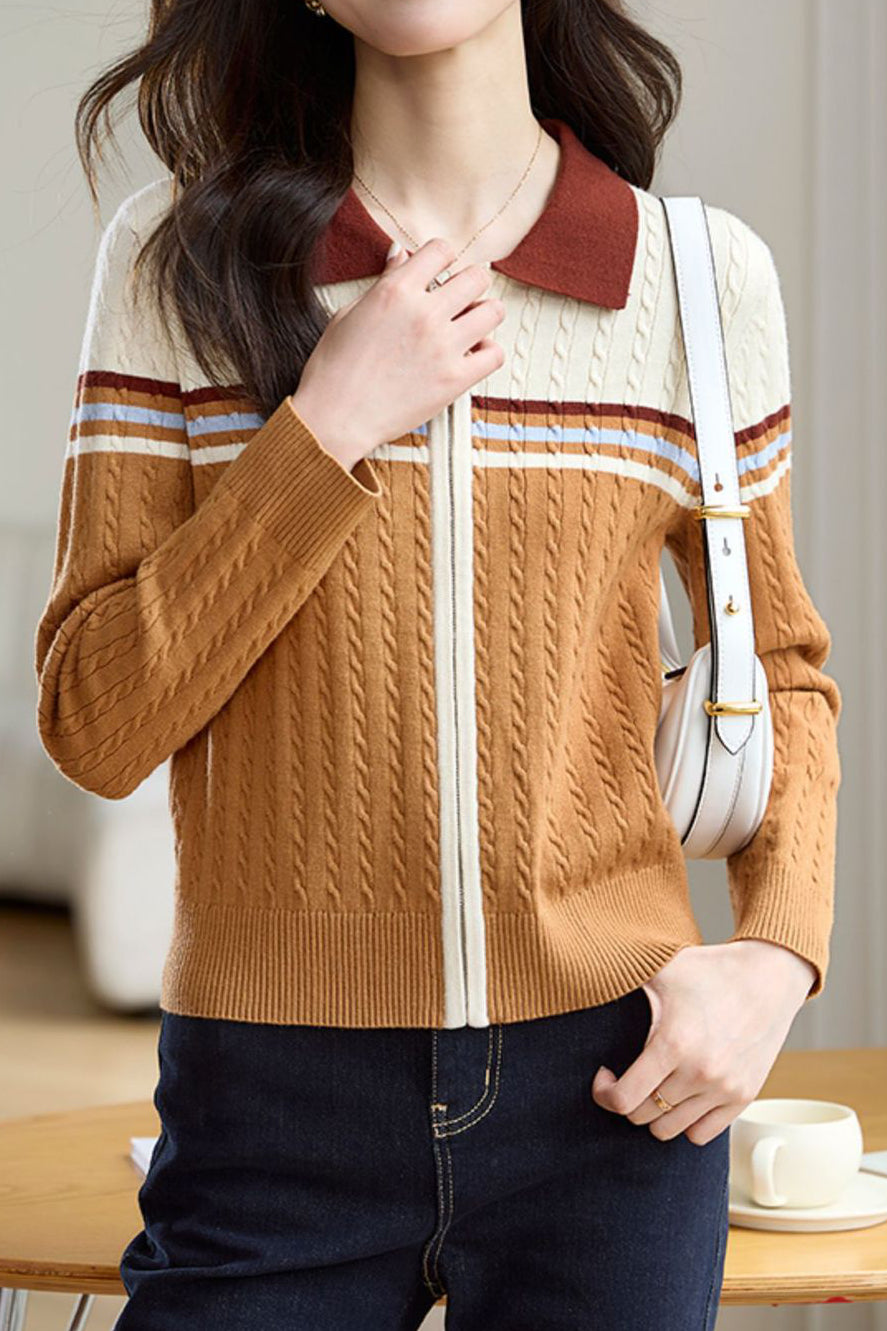 Polo Collar Retro Color-Block Knit Cardigan - liwisi
