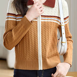 Polo Collar Retro Color-Block Knit Cardigan - liwisi