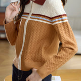 Polo Collar Retro Color-Block Knit Cardigan - liwisi