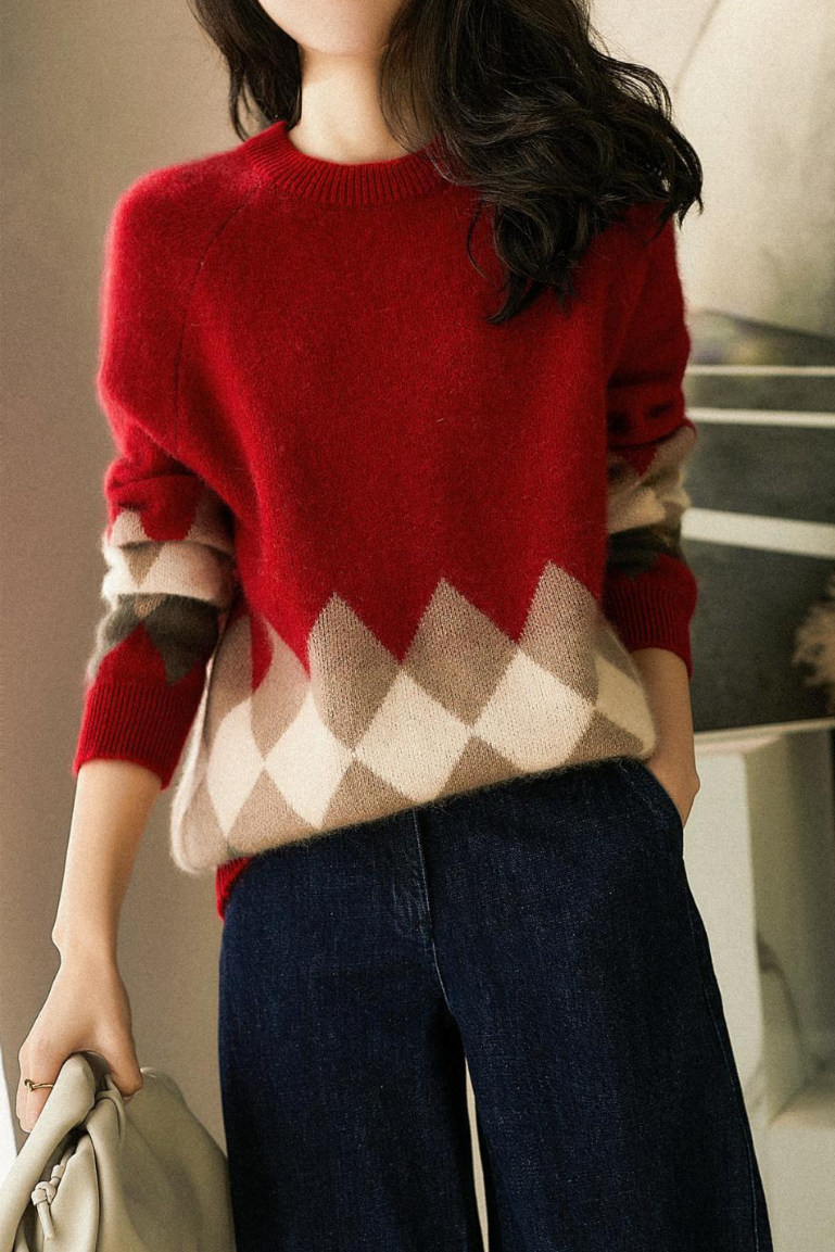Diamond Pattern Round Neck Knit Sweater - liwisi