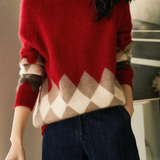 Diamond Pattern Round Neck Knit Sweater - liwisi