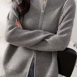 Solid Color High Neck Knit Cardigan - liwisi