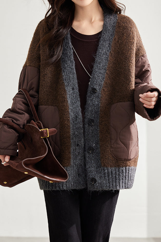 Loose Cozy Color Block Quilted Knit Cardigan - liwisi