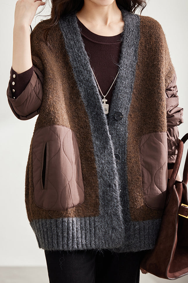 Loose Cozy Color Block Quilted Knit Cardigan - liwisi