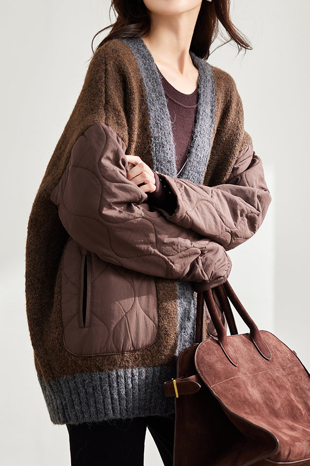 Loose Cozy Color Block Quilted Knit Cardigan - liwisi