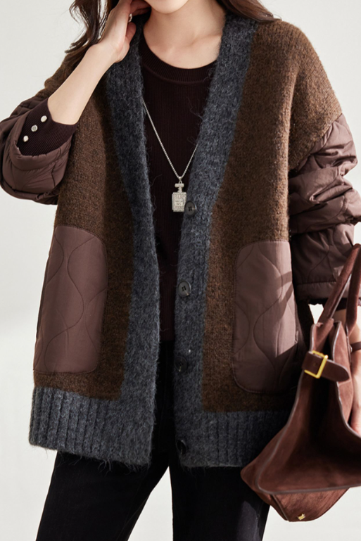 Loose Cozy Color Block Quilted Knit Cardigan - liwisi