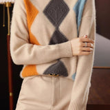 Argyle Color-Block Knit Sweater - liwisi