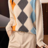 Argyle Color-Block Knit Sweater - liwisi