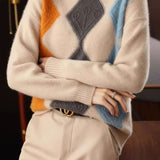 Argyle Color-Block Knit Sweater - liwisi