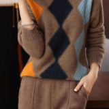 Argyle Color-Block Knit Sweater - liwisi
