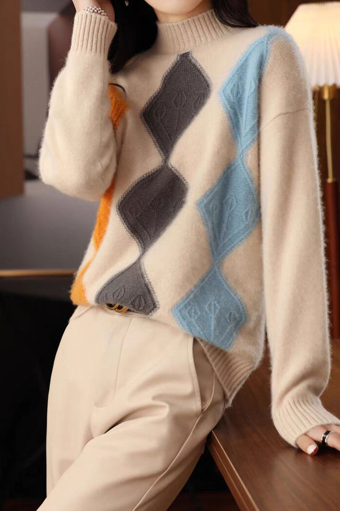 Argyle Color-Block Knit Sweater - liwisi