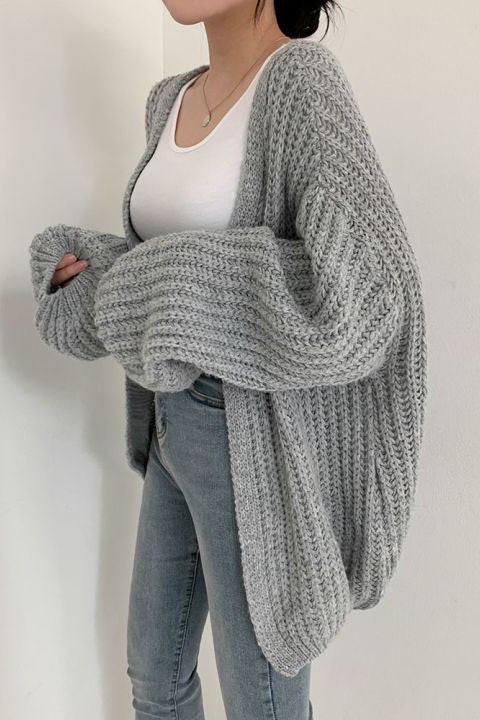 Loose Fit Solid Color Lantern Sleeve Cardigan - liwisi