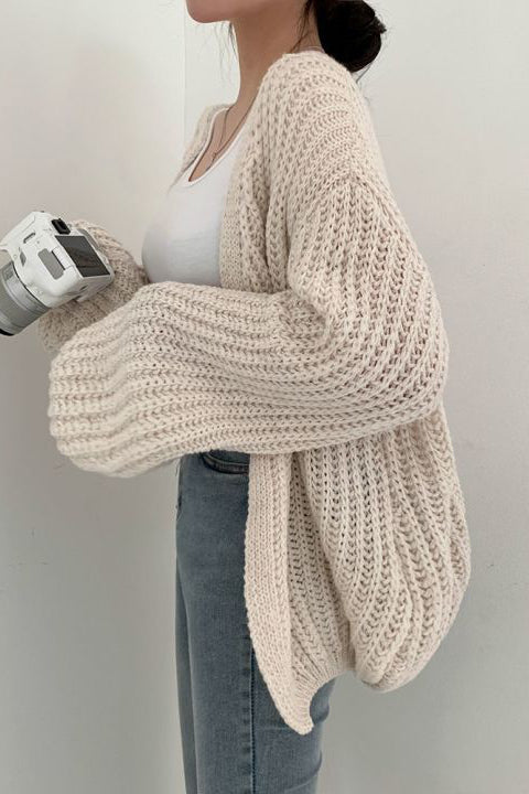Loose Fit Solid Color Lantern Sleeve Cardigan - liwisi