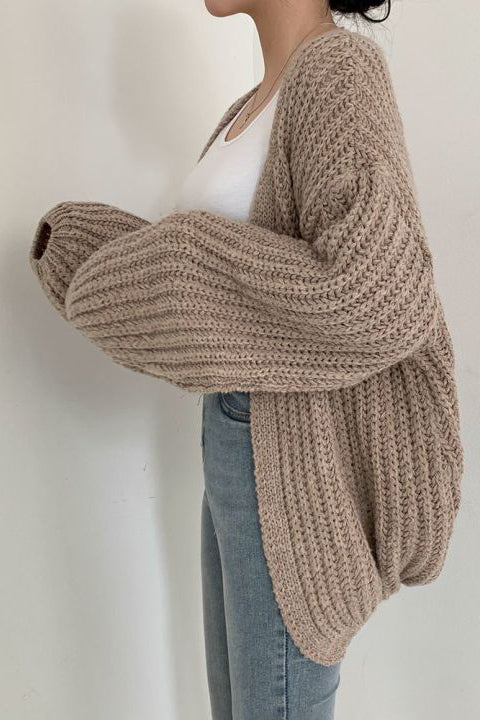 Loose Fit Solid Color Lantern Sleeve Cardigan - liwisi