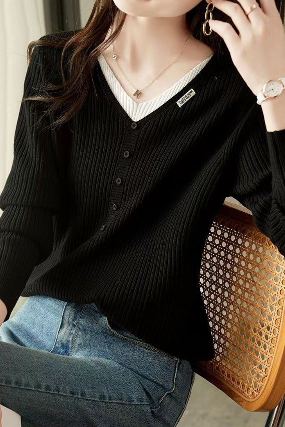 Minimalist Color-Block V-Neck Sweater for Women - liwisi