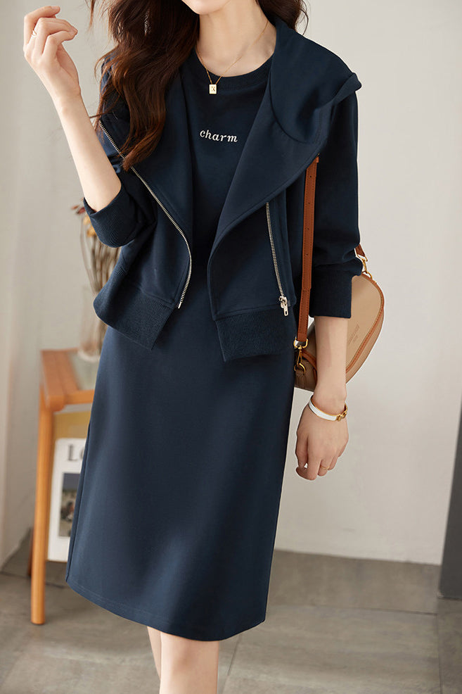 Casual Simple Asymmetrical Zip Two-Piece Set - liwisi