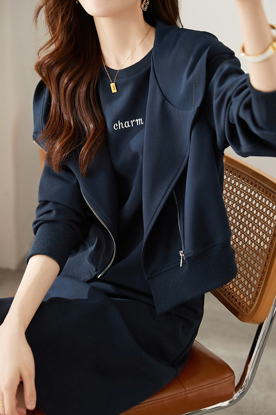 Casual Simple Asymmetrical Zip Two-Piece Set - liwisi