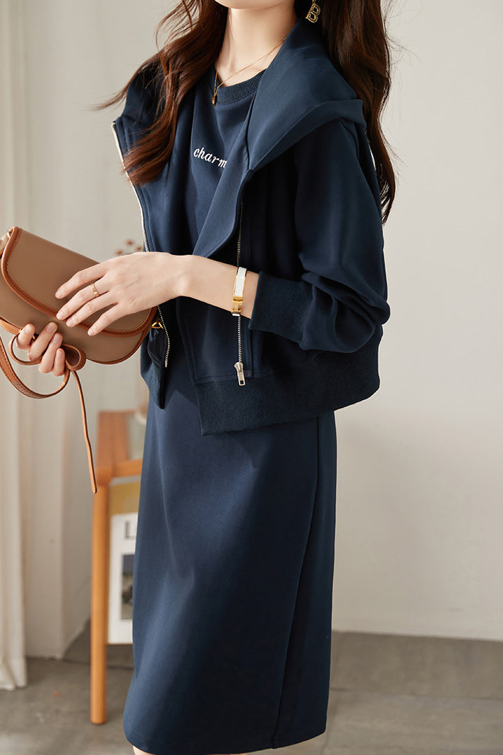 Casual Simple Asymmetrical Zip Two-Piece Set - liwisi