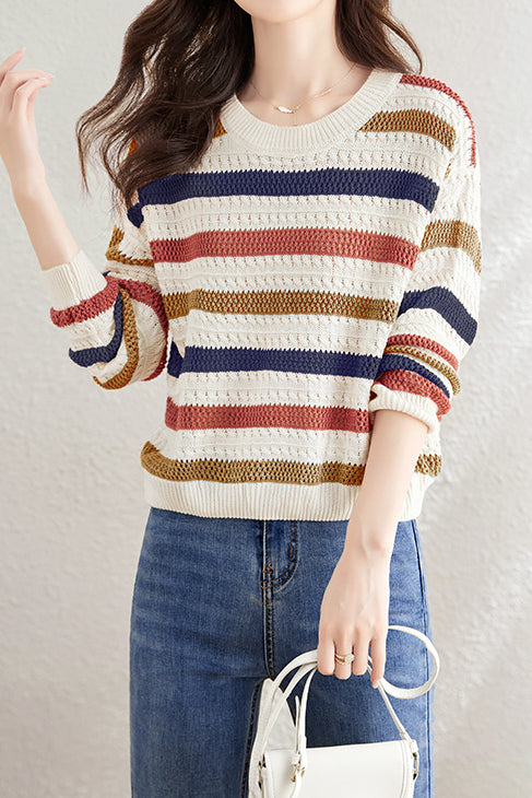 Color-Block Striped Loose Hollow-Out Long Sleeve Top - liwisi