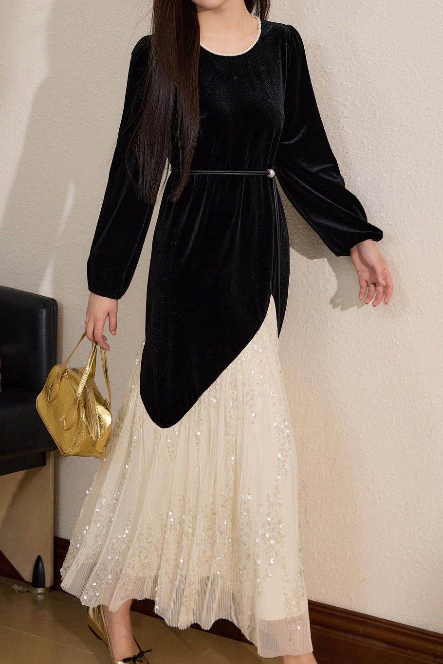 Color Block Black Velvet Dress - liwisi