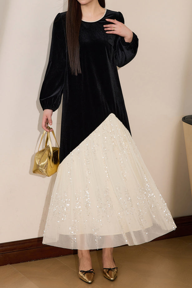 Color Block Black Velvet Dress - liwisi