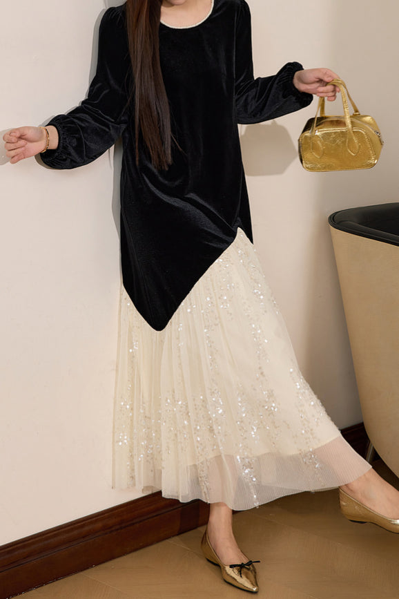Color Block Black Velvet Dress - liwisi