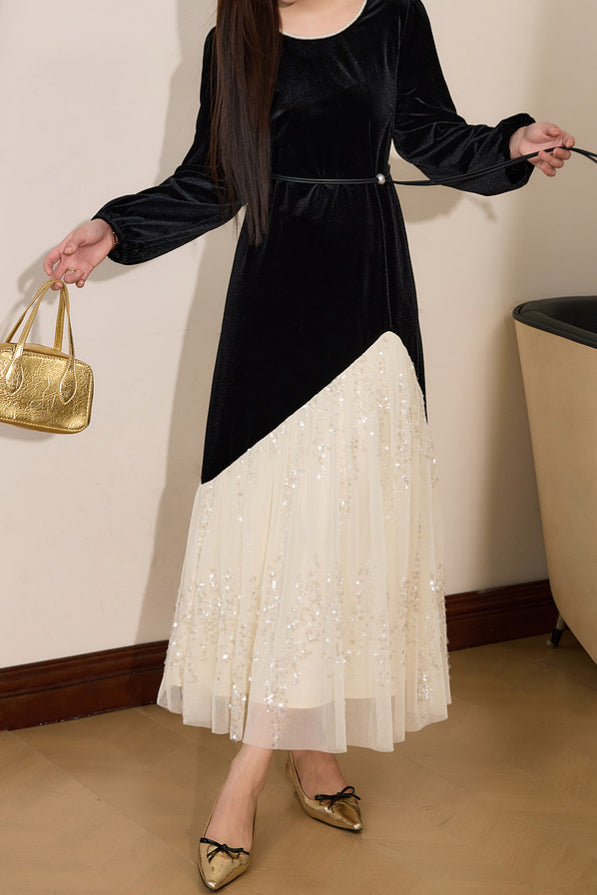 Color Block Black Velvet Dress - liwisi