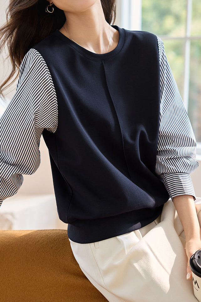 Striped Panel Round Neck Sweatshirt - liwisi