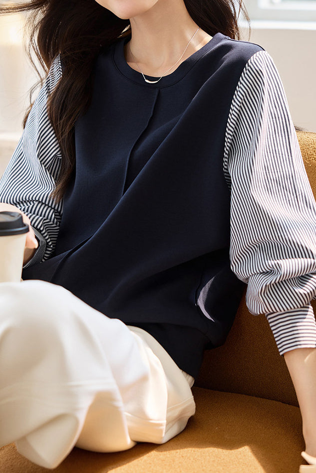 Striped Panel Round Neck Sweatshirt - liwisi