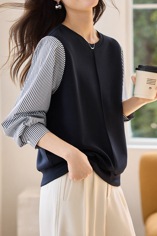 Striped Panel Round Neck Sweatshirt - liwisi